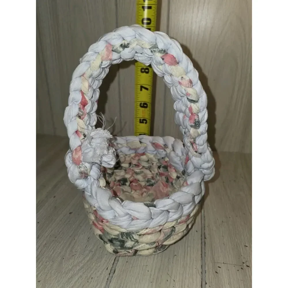 Vintage Hand Crafted Woven Knotted Cloth Basket Spring Easter Pastel Blue Pink